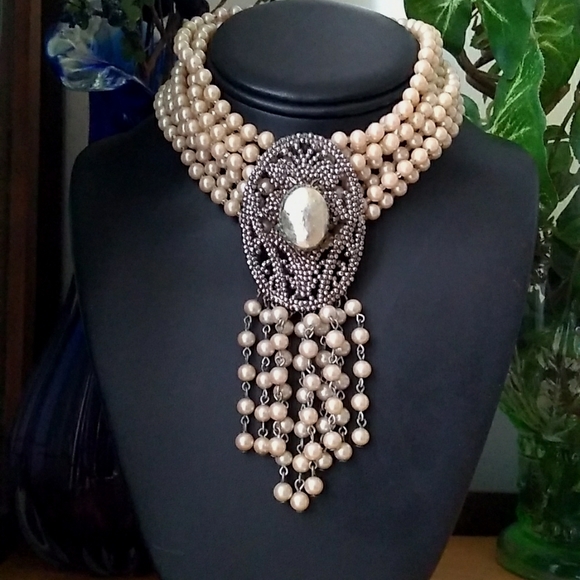 RARE SANDOR 7-Layer Glass Pearl Choker w L W PARIS Cut Steel Slide Buckle - Picture 2 of 16